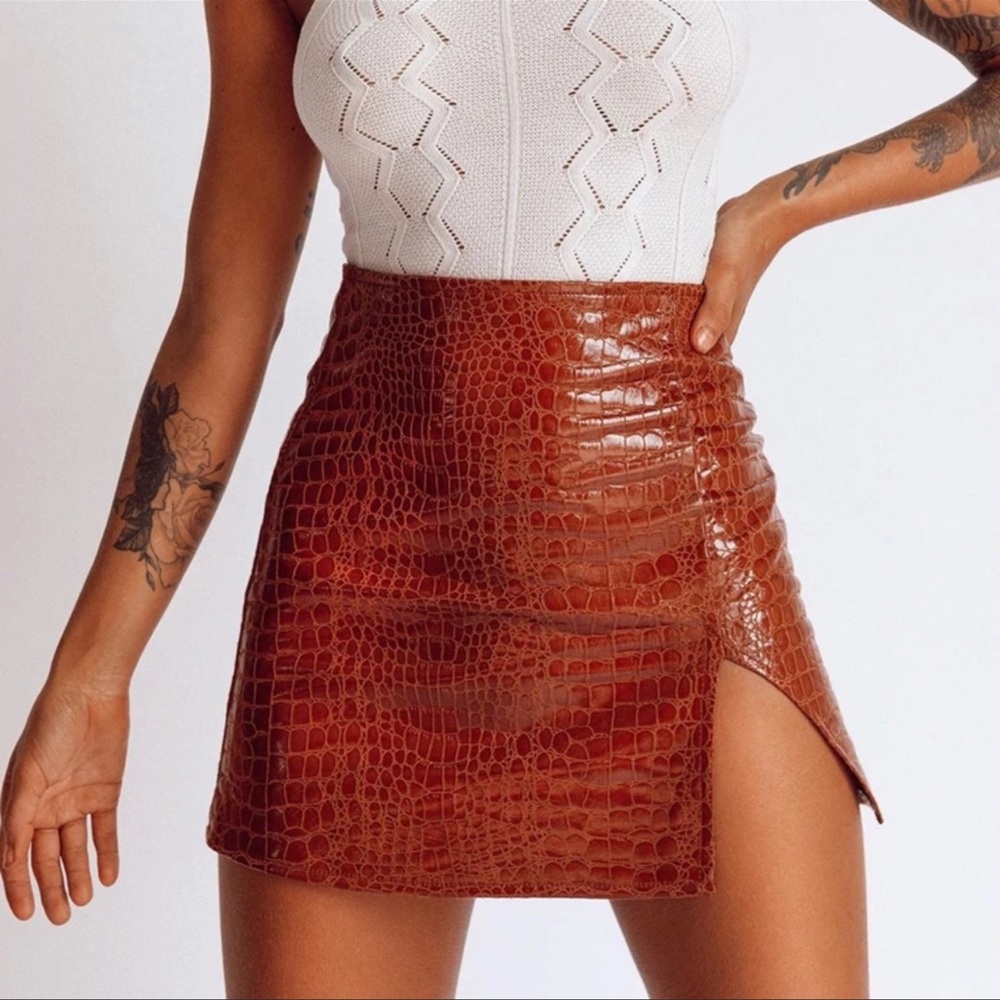Motelrocks Wren Mini Skirt in PU Brown Croc - Size S